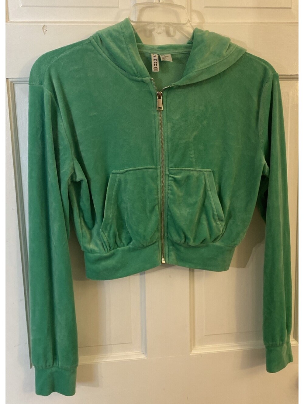 Divided By H&M Hoodie Womens Medium Green Velour Zip Up Long Sleeve Cropped Soft